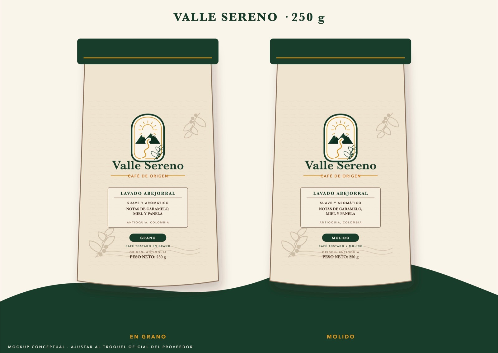 Empaque de Café de Origen Valle Sereno de 250 gramos, en grano y molido
