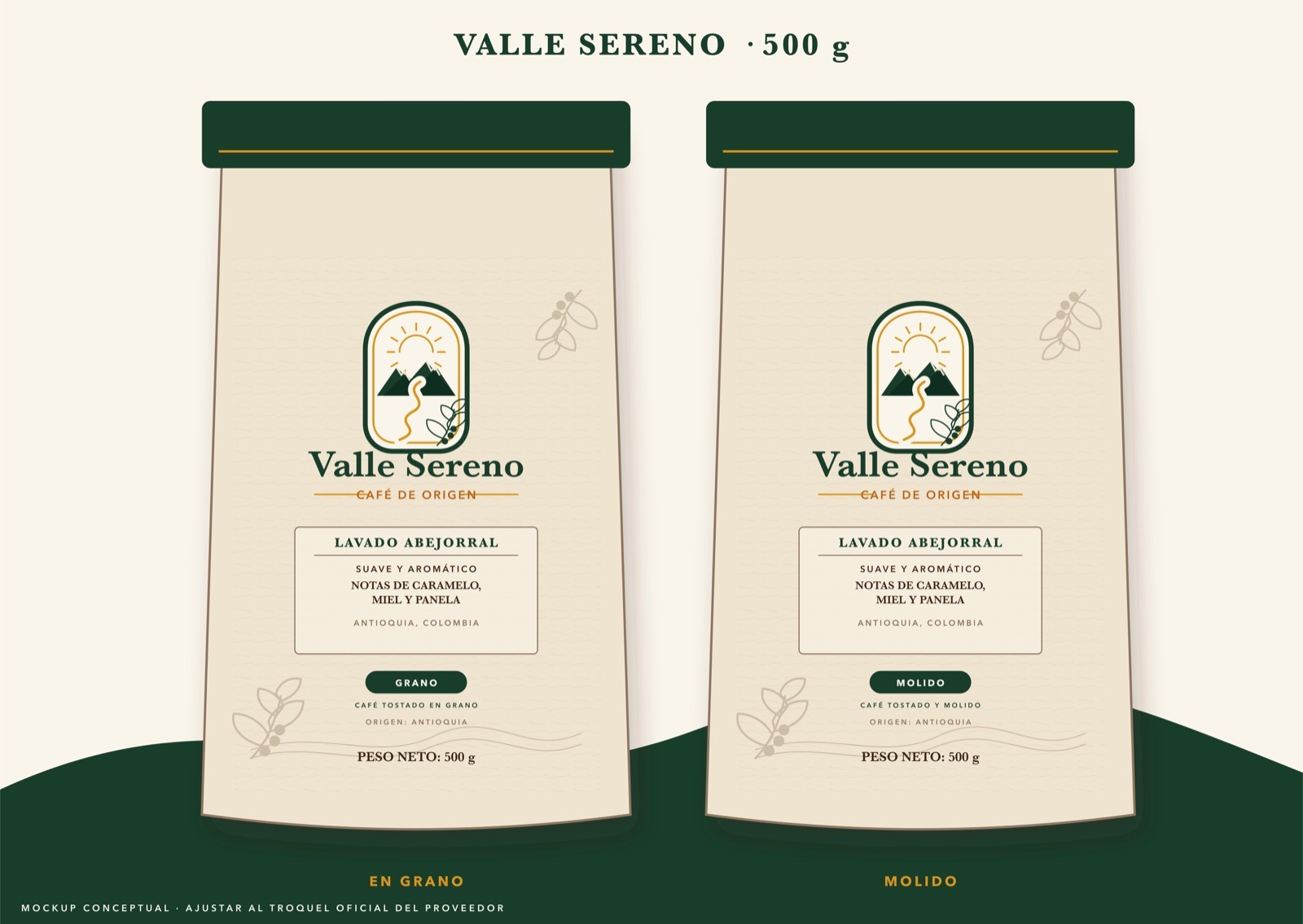 Empaque de Café de Origen Valle Sereno de 500 gramos, en grano y molido